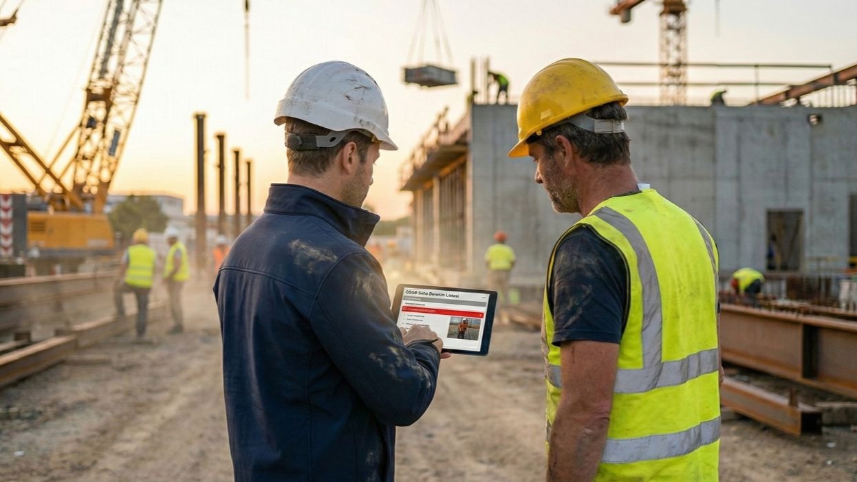 Sahada kontrol yapan iş güvenliği uzmanı ve ekip.
